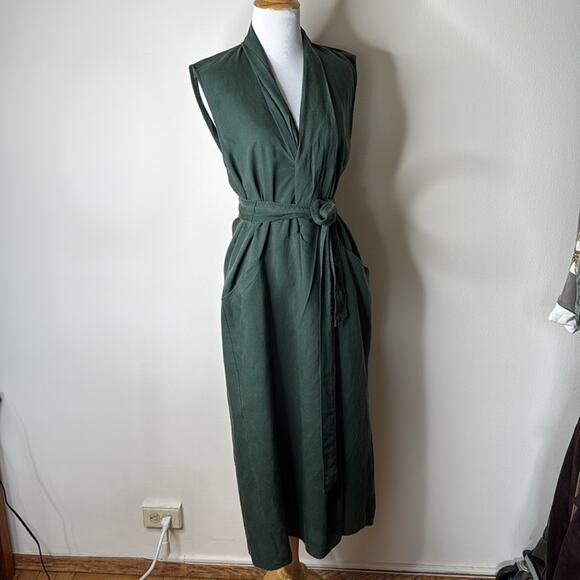 Zara Green Linen Blend Sleeveless Belted Midi Dress - Picture 6 of 9